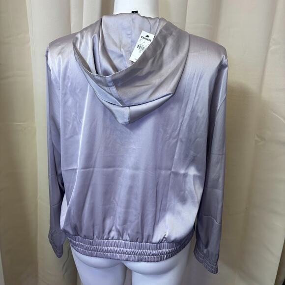 Express Shiny Satin Hoodie Pullover Size XL Silver Metallic Drawstring - Picture 4 of 8